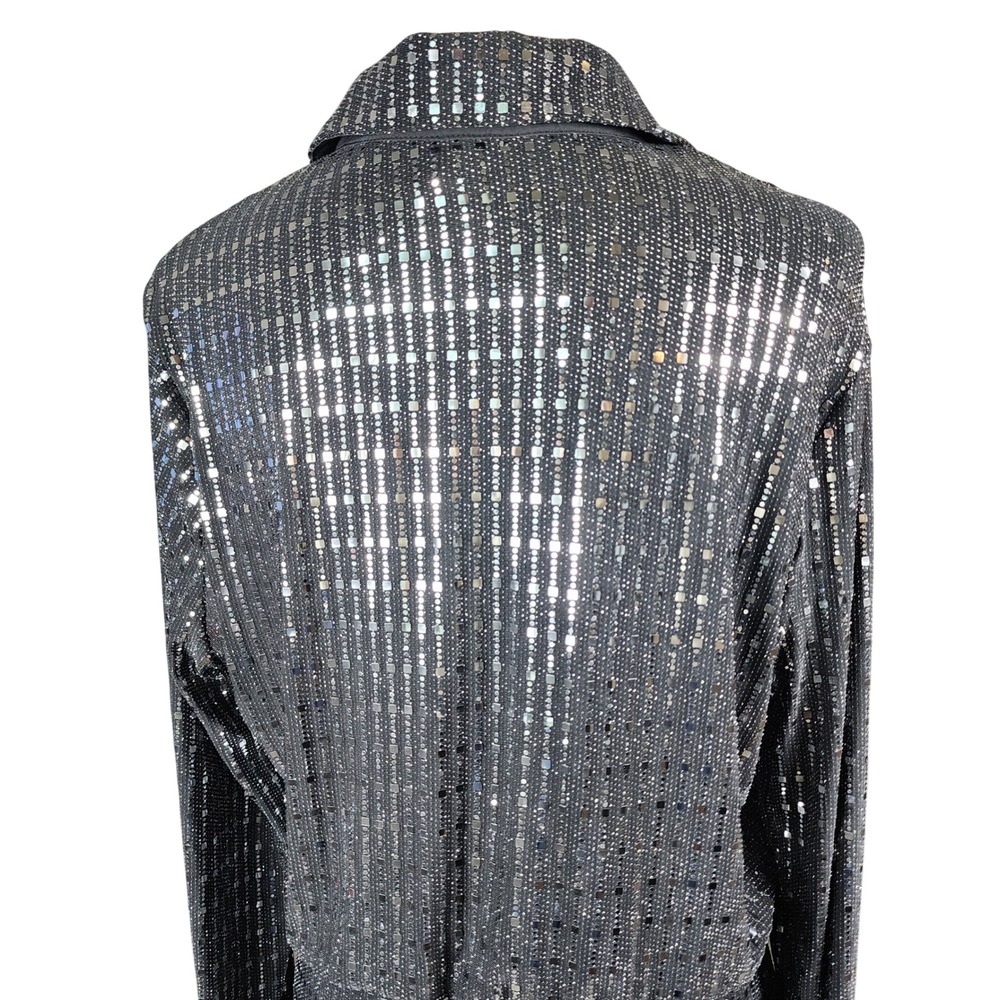 Cider Silver Sequin Metallic Button Up Long Sleeve Mini Dress Black Large - Picture 5 of 12